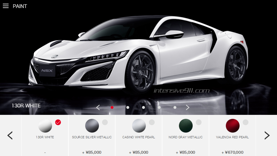 ホンダNSXのコンフィギュレーターがリニューアル。オプション個別の価格が表示されるように