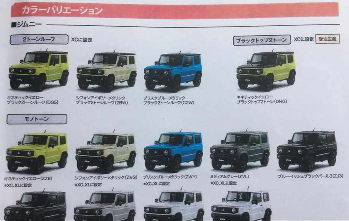 新型スズキ・ジムニー/シエラのカタログがリーク。ボディカラーは明るめ多し、積載性にもこだわった！