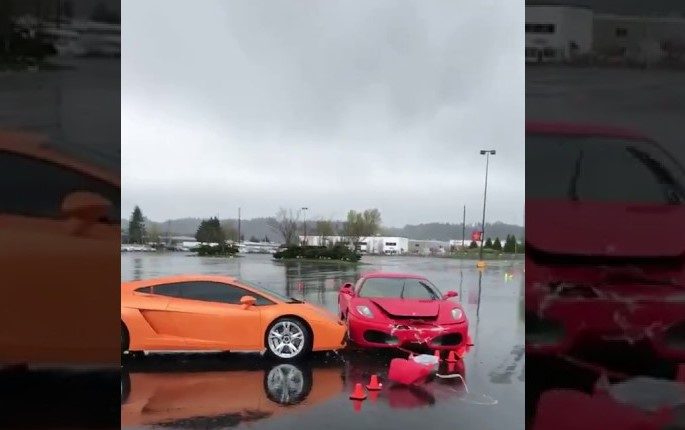 人生終わった。フェラーリ「F430」がスリップし、停車中のランボルギーニ「ガヤルド」にクラッシュ【動画有】