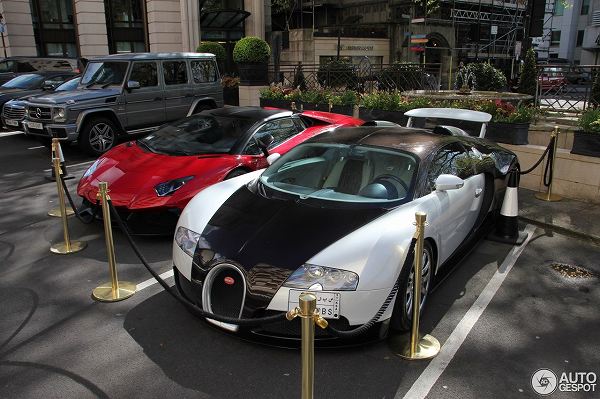 これは？ロンドンにて、金のポールに囲まれる中東ナンバーのブガッティ「ヴェイロン」とランボルギーニ「アヴェンタドールSV・ロードスター」