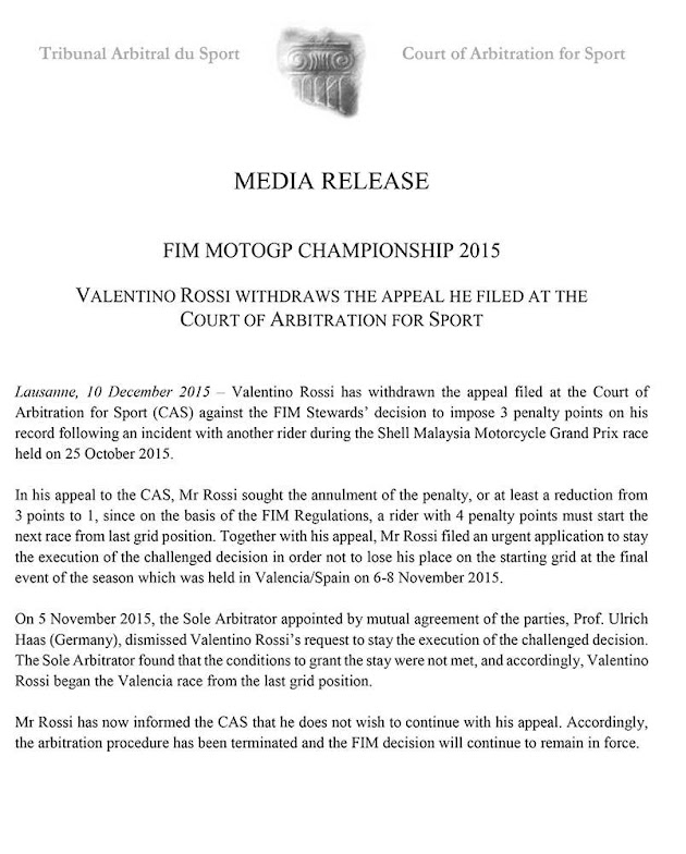 ロッシ、提訴を取り下げ：スポーツ仲裁裁判所